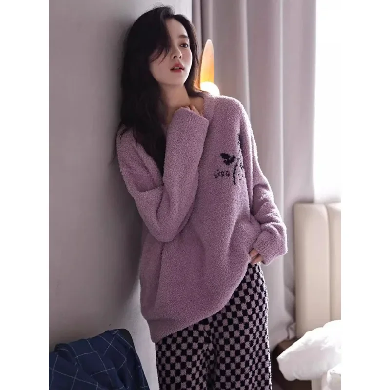 Coral Velvet Pajamas Women\'s New Fall and Winter Half Velvet Set Plus Velvet Thickened Warm Winter Home Wear Can Be Worn Outside