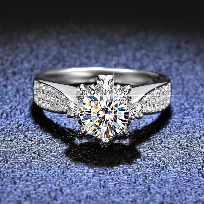 18K Gold Women's Ring, 1 Carat Moissanite Wedding Ring, Four Claw Round Package with Floral Head Set in Platinum PT950 Jewelry