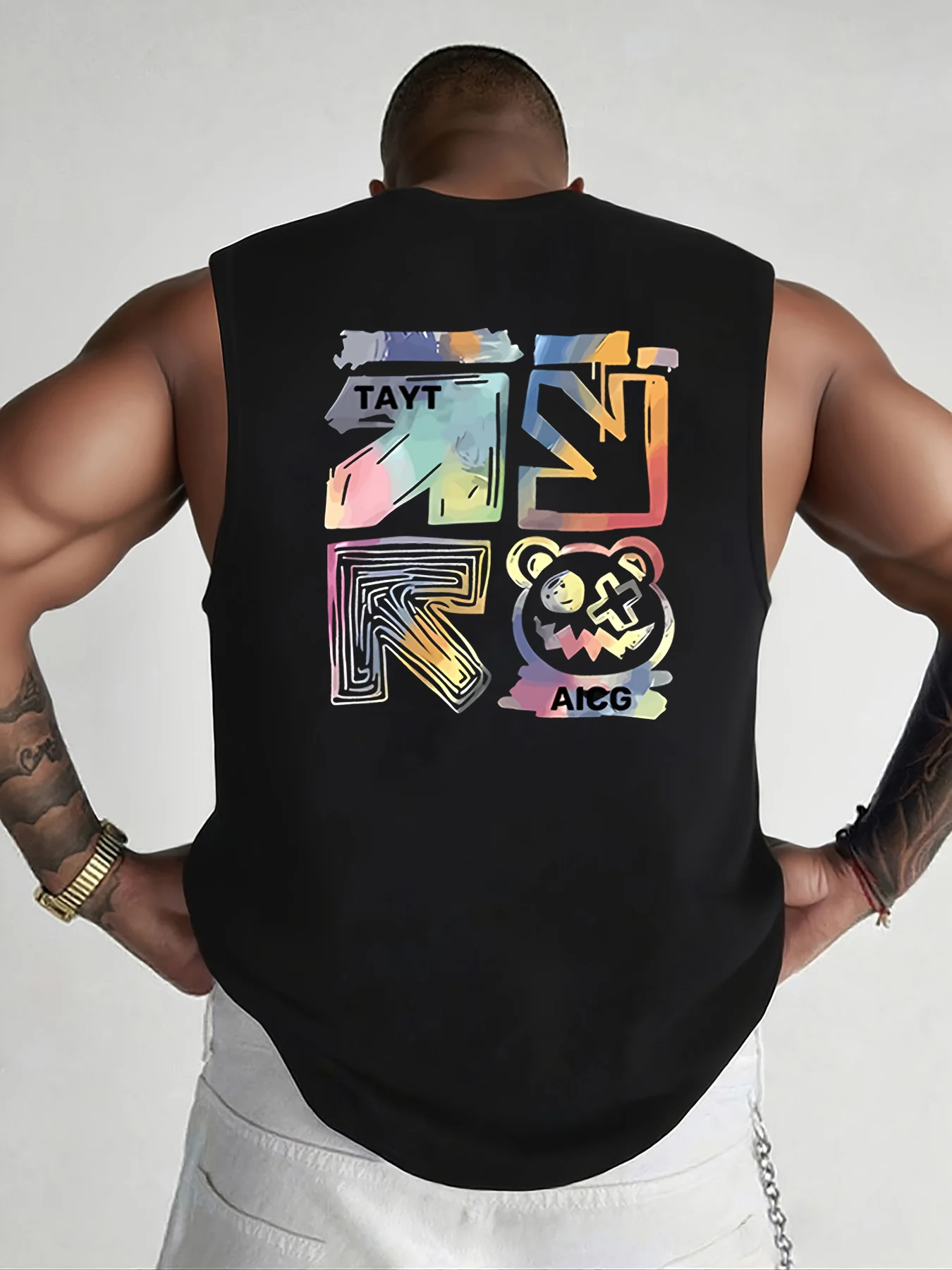 100% pure cotton men's summer fashionable casual sports loose trendy brand pattern printed round neck sleeveless vest