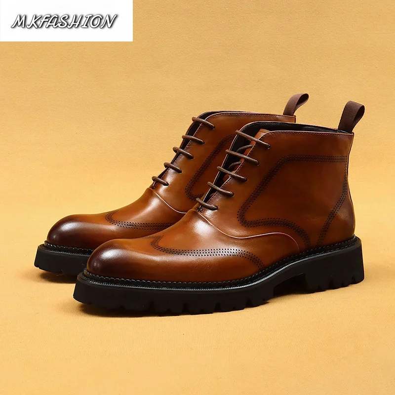 Autumn Men's Business Genuine Leather Blok Carving Boots Thick Bottom Ankle Boots Booties Shoes