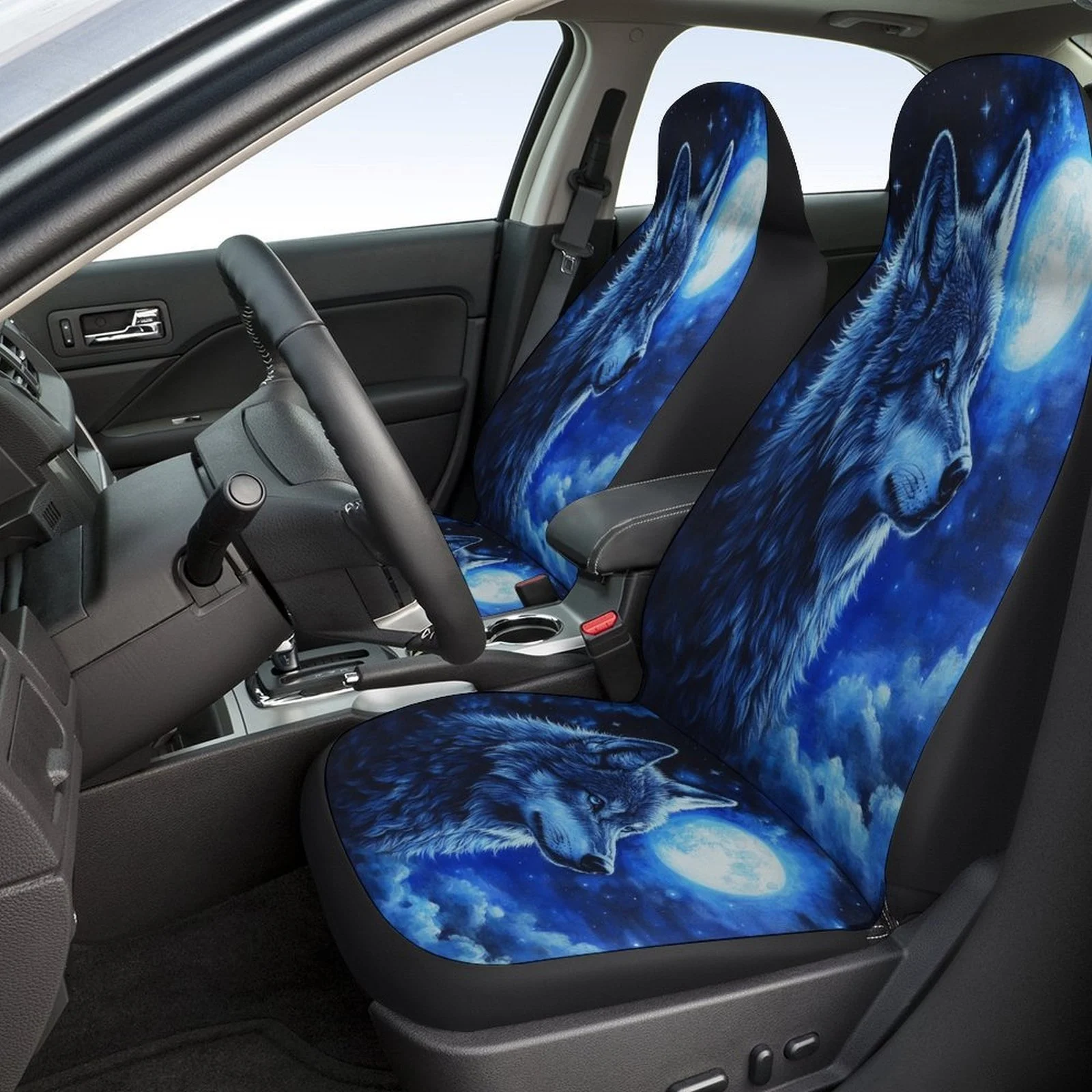 Wolf In Moonlight Car Seat Cover Set | Fashion Novelty Full Set, Universal Fit, Polyester Material, Hand Wash Or Dry Clean