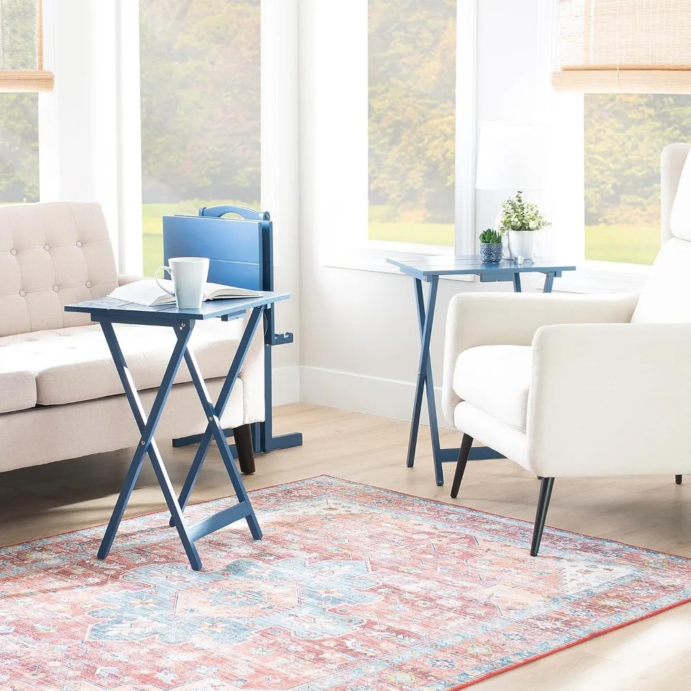 Navy Blue SAMM Trey Table Set with Compass Design, Featuring Four Tables and a Stand