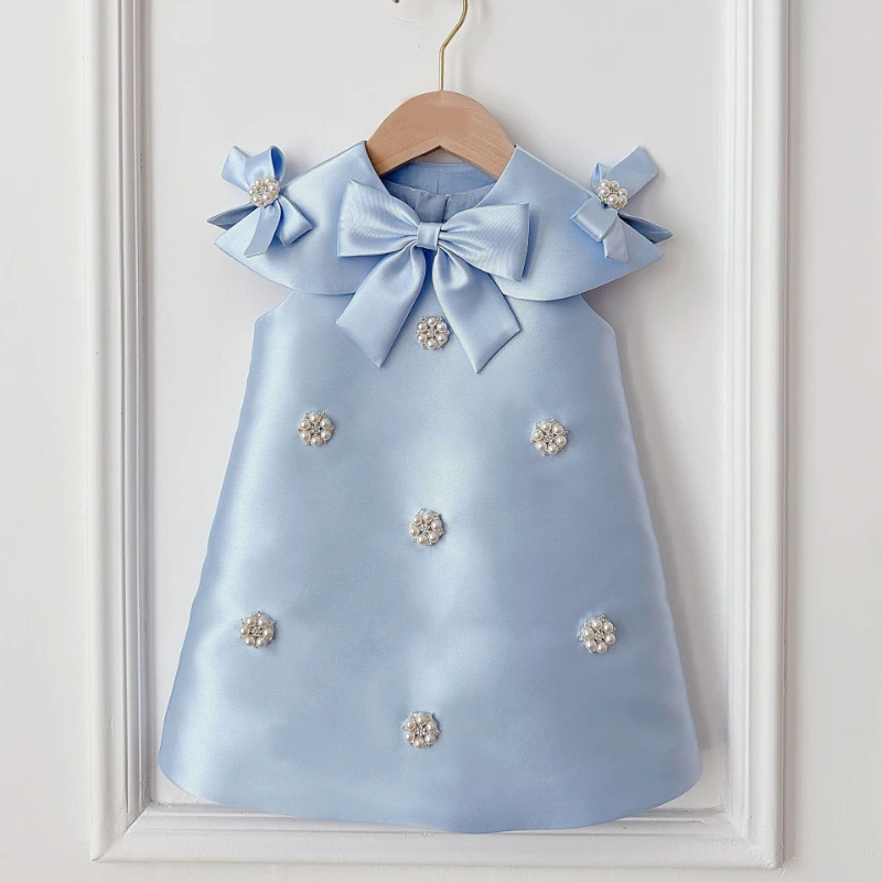 2026 Kids Baby Catch Week Girls Host Piano Performance Pageant Costume First Birthday Elegant Dress Cute Blue Satin Children
