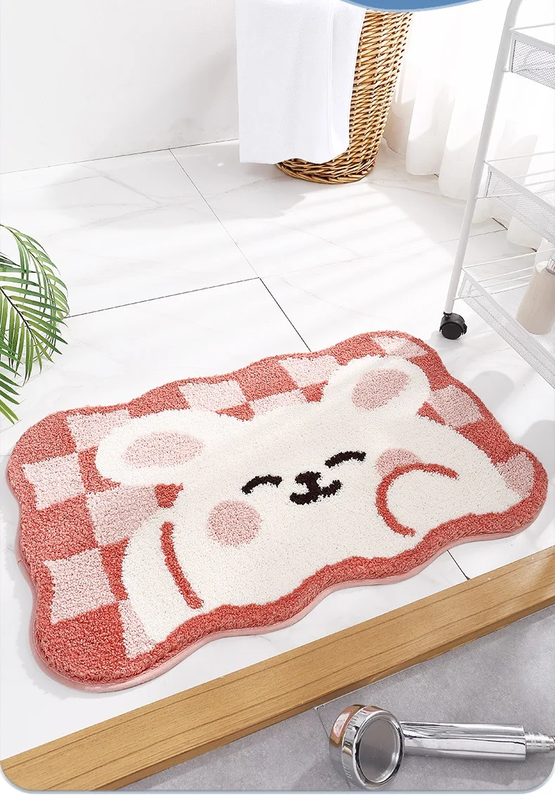 Inyahome Cute Kids Bathroom Rabbit Bath Mats Microfiber Shaggy Carpet Floor Mat Non-Slip Shower Carpets for Bathroom Area Rugs