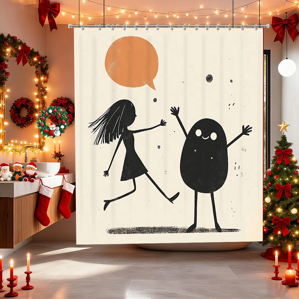 Cute Monster Girl Shower Curtain, Black White Cartoon Character Funny Dialogue Waterproof Bath Curtain, Kids Bathroom Decor