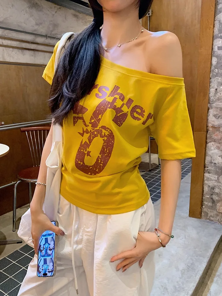 1pcs Summer Women Basic Model Letter Print T-Shirt Lady Short-Sleeved Skew Collar t-Shirt Female Street Style Sexy Slim Fit Tee