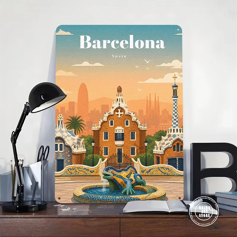 Barcelona Travel 3D Printed Texture Poster Personalized Wall Art Retro Metal Tin Signs for Decor Room Bar Accessories Wand Deko