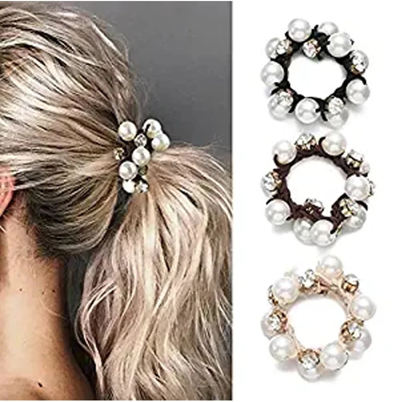 Fashion Pearl Crystal Rhinestone Hair Rope For Women Rough Tie Ponytail Ins Hair Ring Net Red Tie Simple Woven Elastic Headrope