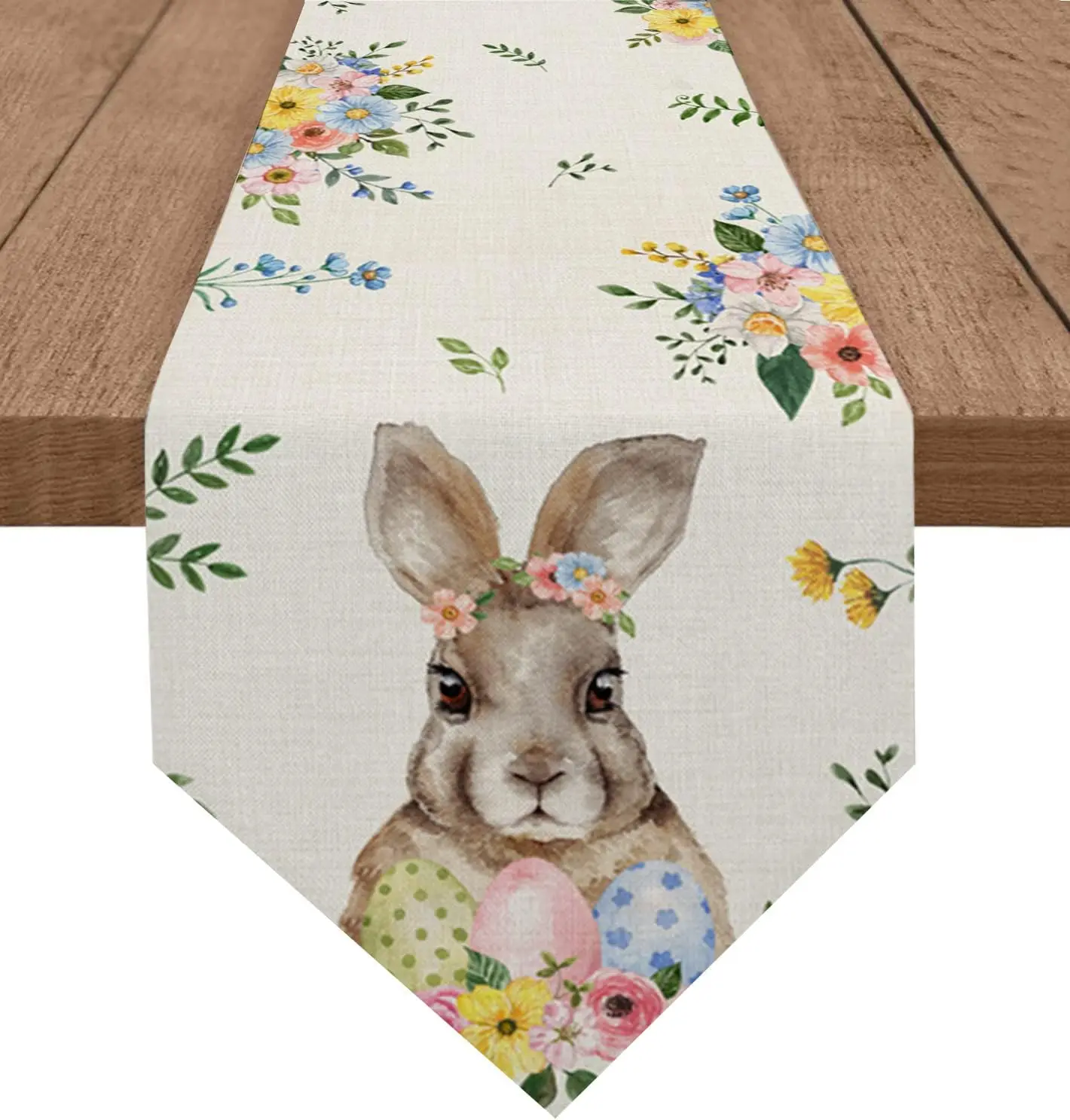 

Easter Spring Rabbits Eggs Watercolor Flowers Leaves Linen Table Runner Dresser Scarves Table for Kitchen Dinner Party Decor