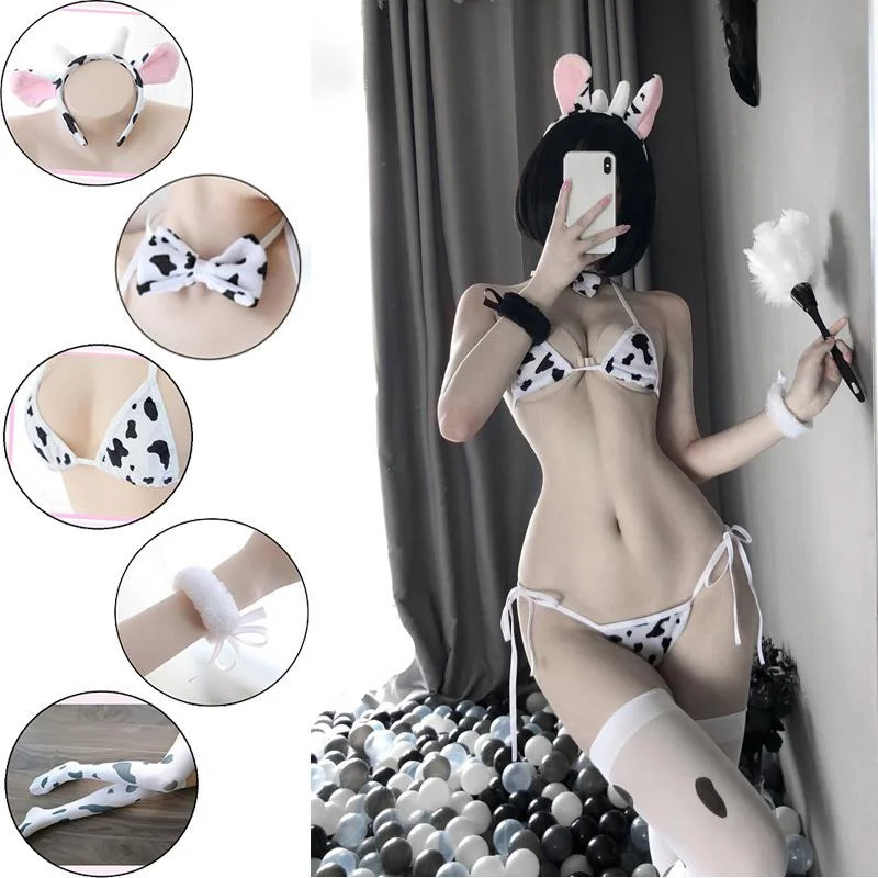 Cow Cosplay Costume Maid Tankini Swimsuit Anime Bikini Set Girls Swimwear Lolita Bra and Panty Recommend Weight: 40-65kg