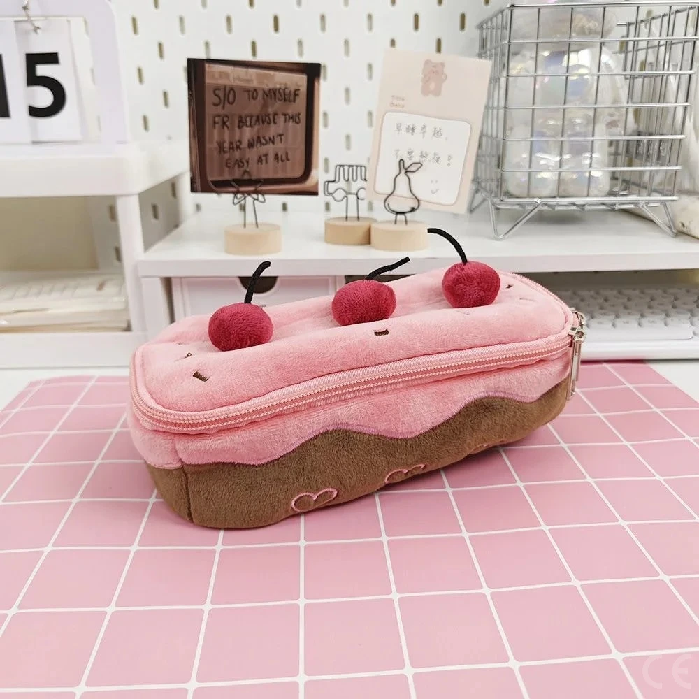 Niedliche Plüsch-Bleistifttasche, Kirschkuchen-Federmäppchen, großes Fassungsvermögen, Aufbewahrung für Studenten, Schreibwaren, für Mädchen, Kinder, Geschenk zum Schulanfang