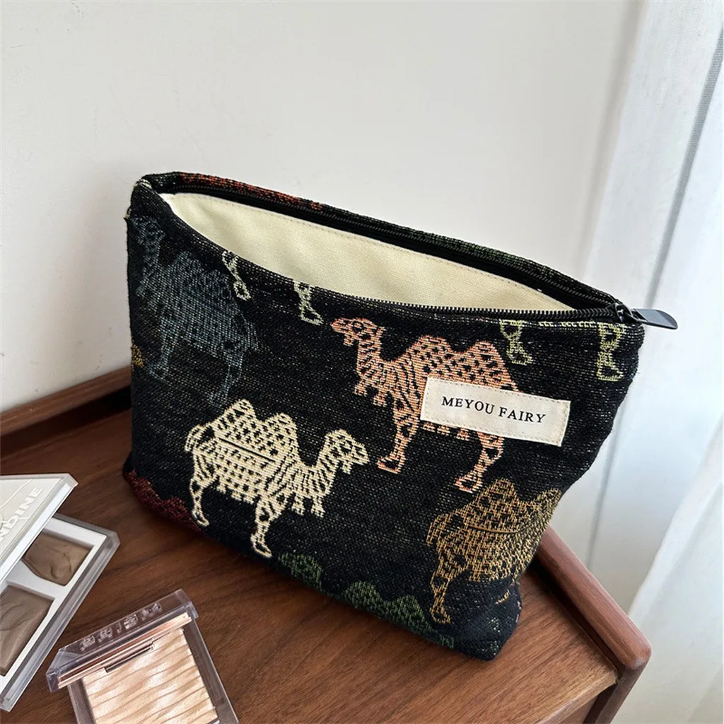 Camel Jacquard Cosmetic Bag Multi-Color Toiletry Bag Canvas Inner Makeup Pouch Camel Jacquard Daily Use Makeup Bag For All Data