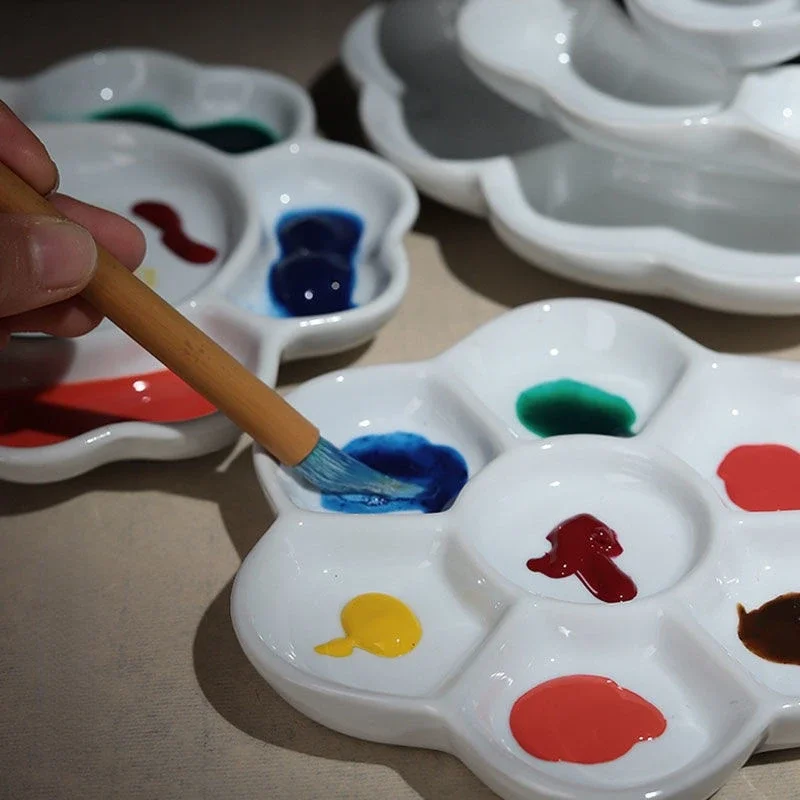 Plum Blossom 7-grid Ceramic Watercolor Palette Jingdezhen Firing Artist-grade Gouache Acrylic Paint Sub-packaging Ceramic Dish