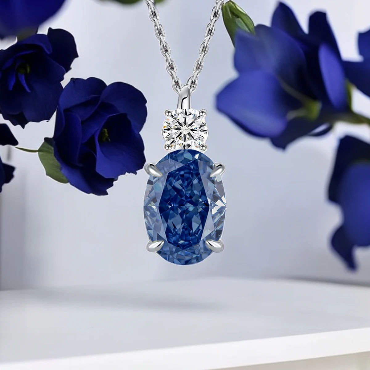 S925 sterling silver plated platinum and golden pendant Classic style simple four-claw Excellent ice cut Tanzanite blue zircon