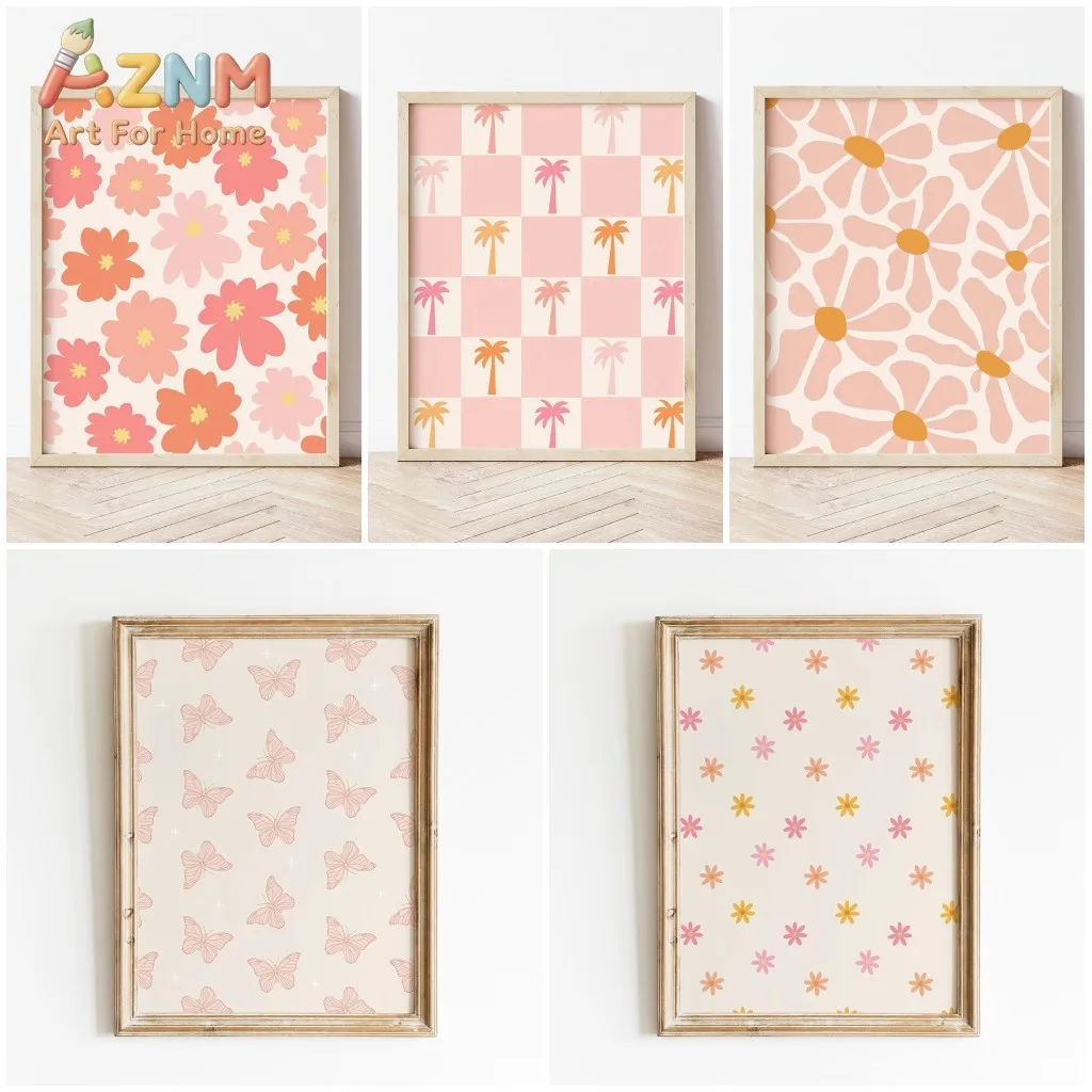 Pink Groovy Boho Spring Flowers Canvas Print Checkered Palms Butterfly Pattern Poster Decorations for Wall Art