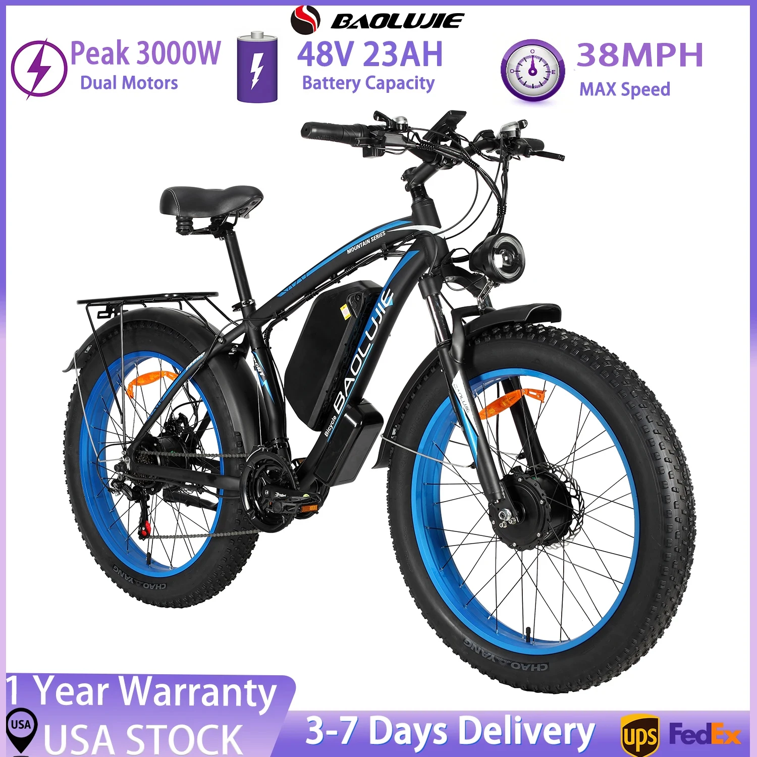 

Электровелосипед BAOLUJIE для взрослых, 3000 Вт, аккумулятор 48В23Ач, городской электровелосипед с 26-дюймовыми шинами, двухмоторный, скорость до 38 миль/ч