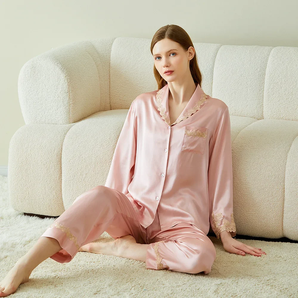 

Женская одежда для сна с длинными рукавами и кружевной отделкой из 100% тутового шелка, повседневный пижамный комплект, топ с лацканами на пуговицах и брюки, пижама, домашняя одежда PJS