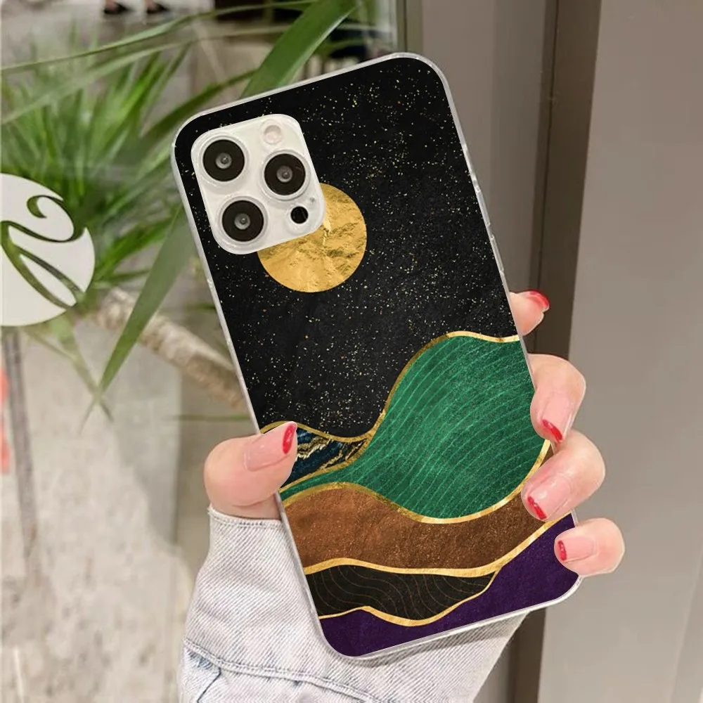 Funda de teléfono Mountain Marble Moon para iPhone 13 14 Pro Max XS XR 12 11 Pro 13 Mini 6 7 8 Plus cubierta trasera transparente Capa