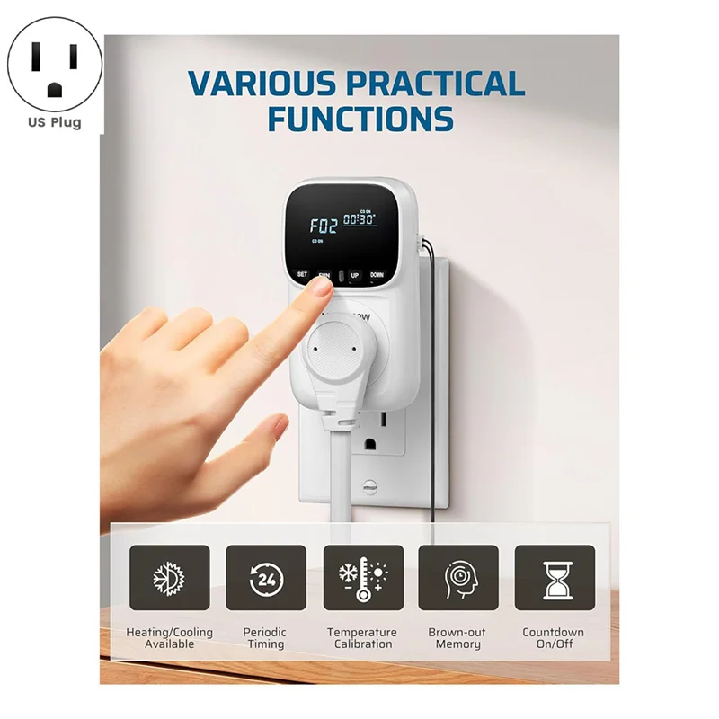 A66K-Digital Temperature Controller,15A/1800W Thermostat Outlet Plug,-40℉-210℉, Cyclic Timing/Countdown,For Incubator US Plug