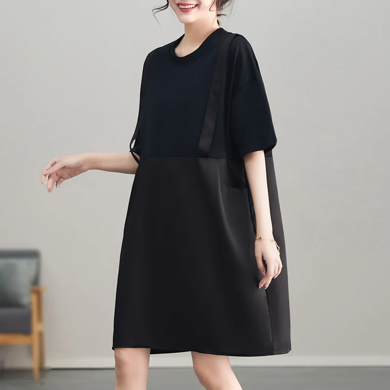 T-shirt coréen décontracté pour femmes, mi-long, épissé, ample, Bla Dr Faionable, aspect deux pièces, coupe droite, été...