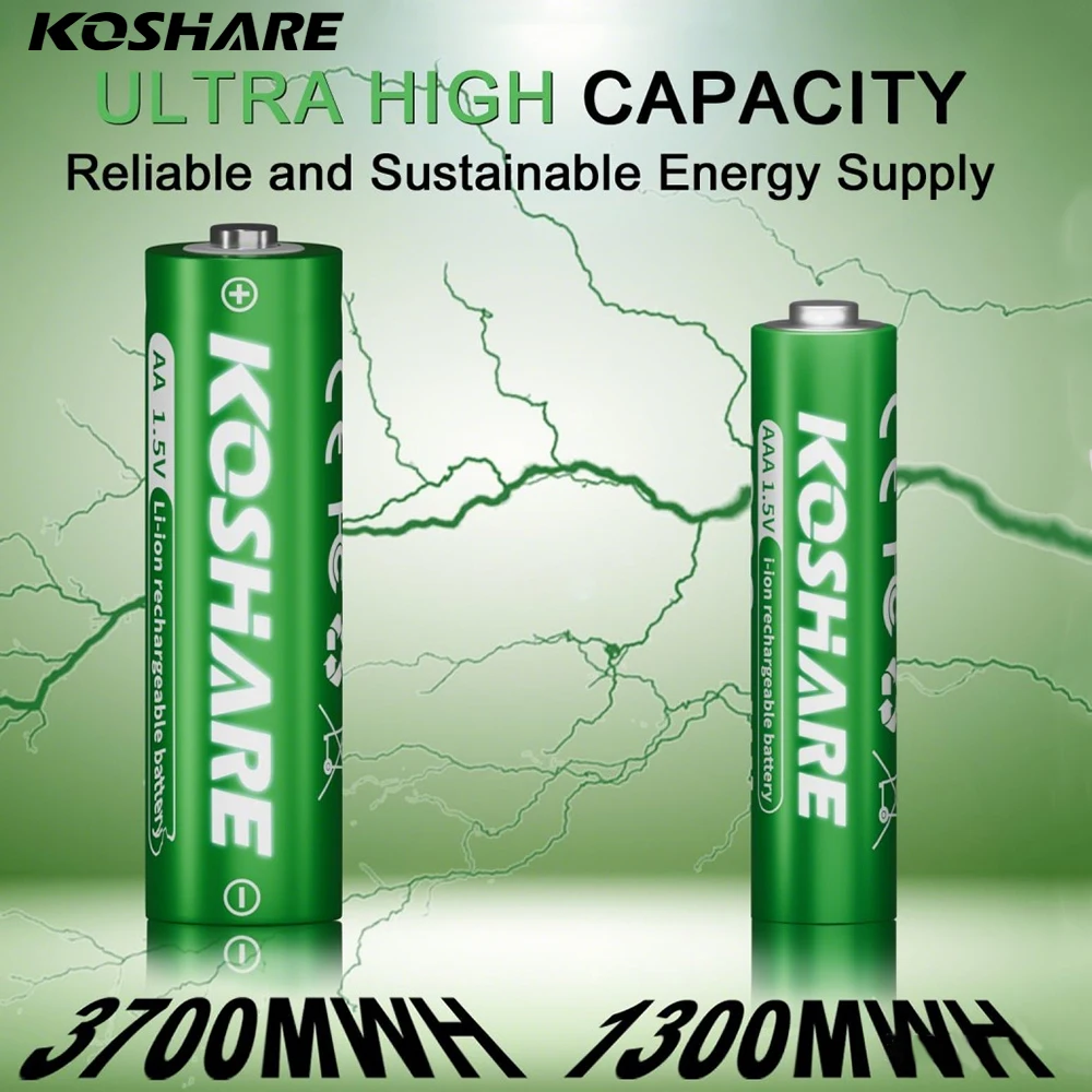 

KOSHARE Rechargeable Battery 1.5V AA 3700mWh/AAA 1300mWh Lithium battery with Charger for microphone instant camera toy