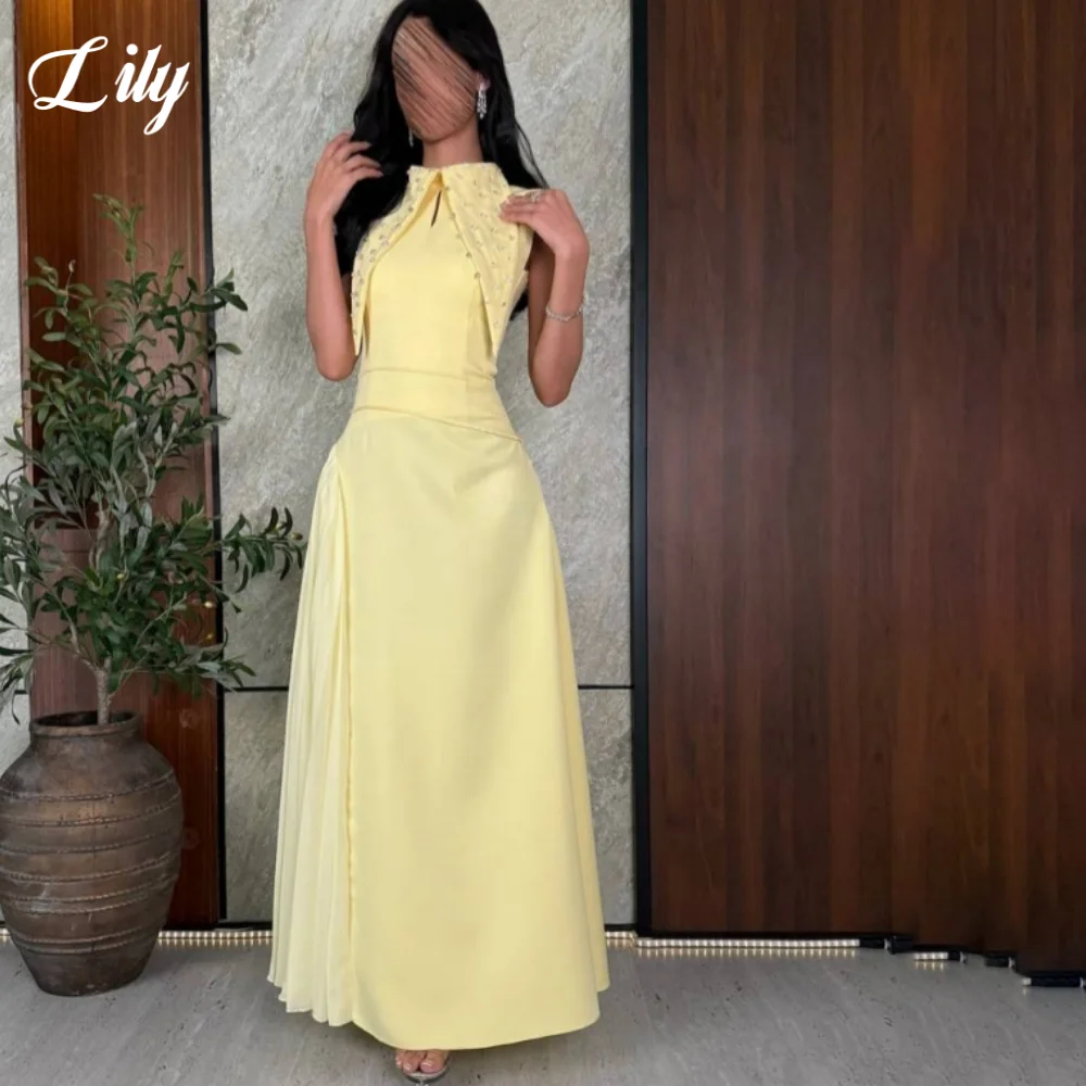 

Lily Yellow Elegant Prom Gown Satin High-Neck Prom Dress with Back Zipper Pleated Rhinestones Evening Gown حزب فساتين Customized