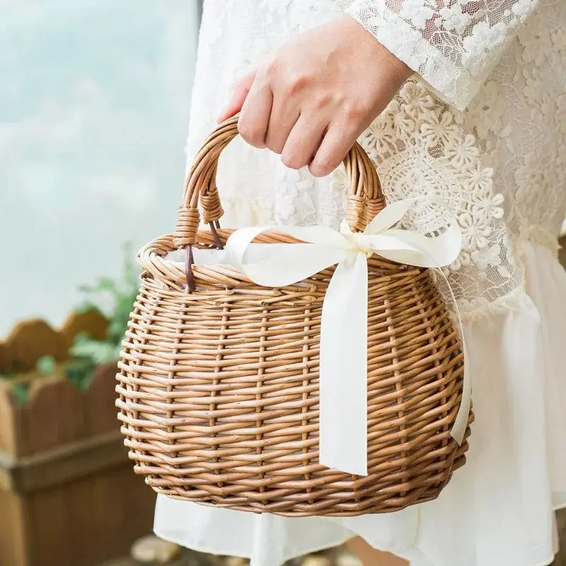 Bolso de mano de paja para mujer, cesta de ratán, bolso tejido hecho a mano, cesta de almacenamiento para el hogar