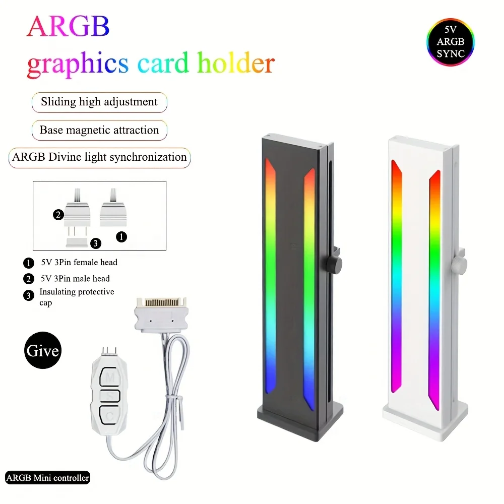 

Adjustable ARGB Graphics Card Holder, Magnetic GPU Support Bracket, 5V 3Pin ARGB Sync, with ARGB Mini Controller for PC Case