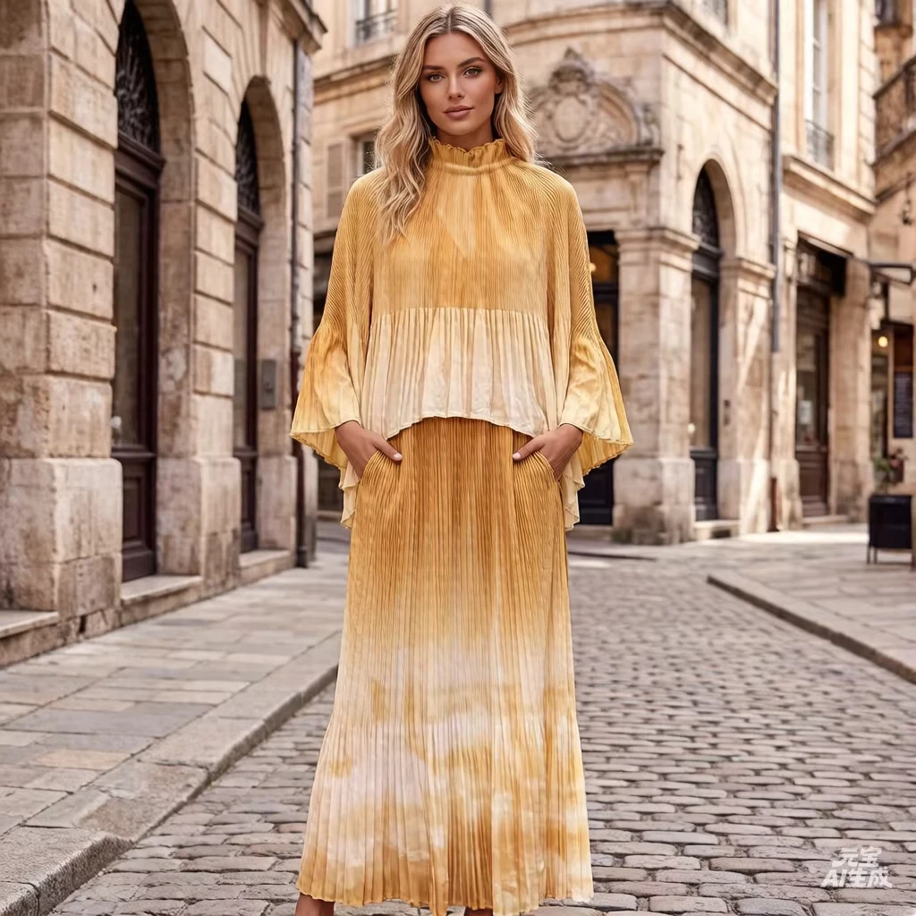 

ANLAN New Miyaki Pleated 2026 Gradient Bell-Sleeve Pleated Top & Sleeveless Dress Two-Piece Set for Women Elegant Fashion 5AN910