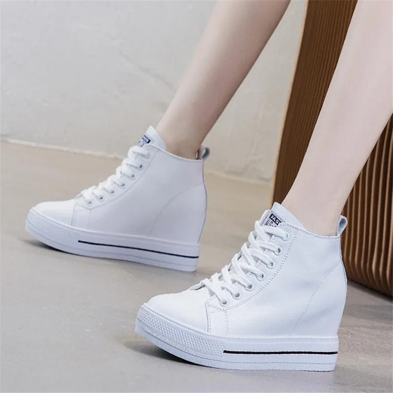 Platform White Wedge Sneakers Hidden Heel High Top Genuine Leather Women Casual Shoes Sneakers  Fashion Casual Vulcanized Boots