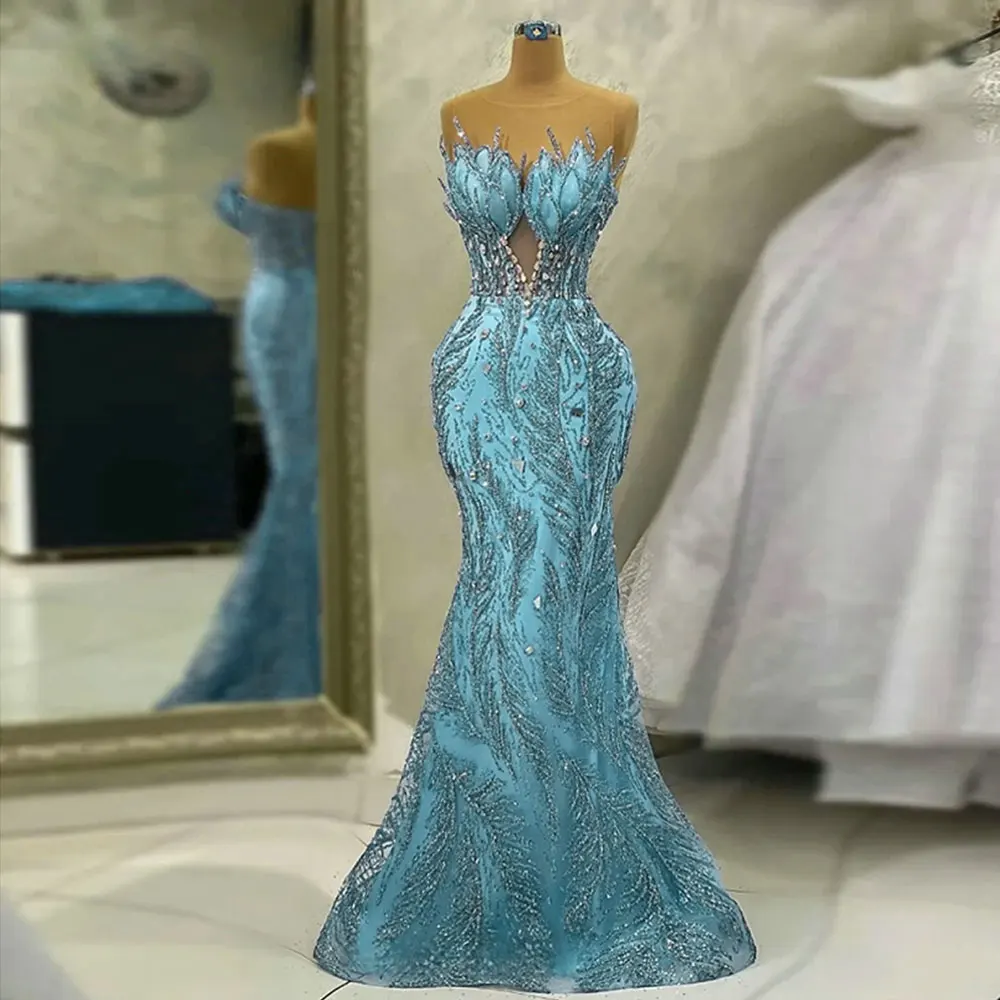 Vestidos de Noche brillantes con lentejuelas y cuentas para mujer, elegantes vestidos de fiesta de imperio de plumas, sirena, largos, formales, 2023