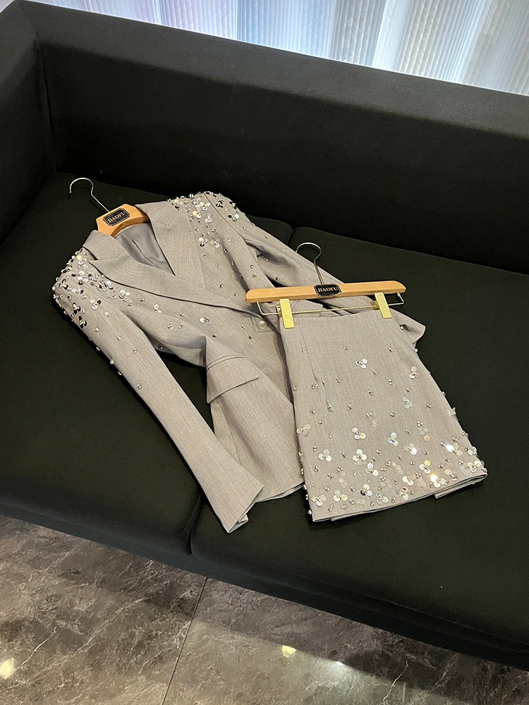 

ey Suit Skirt Set Heavy Industry Beaded iny Faion ort Skirt Two Piece Set B0000 Women's Busin Casual Outfit