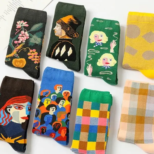 Unisex Painting Style Harajuku Colorful Men Socks Women 100 Cotton Full Art Soft Mens Harajuku Van Gogh Funny Winter Warm Sock