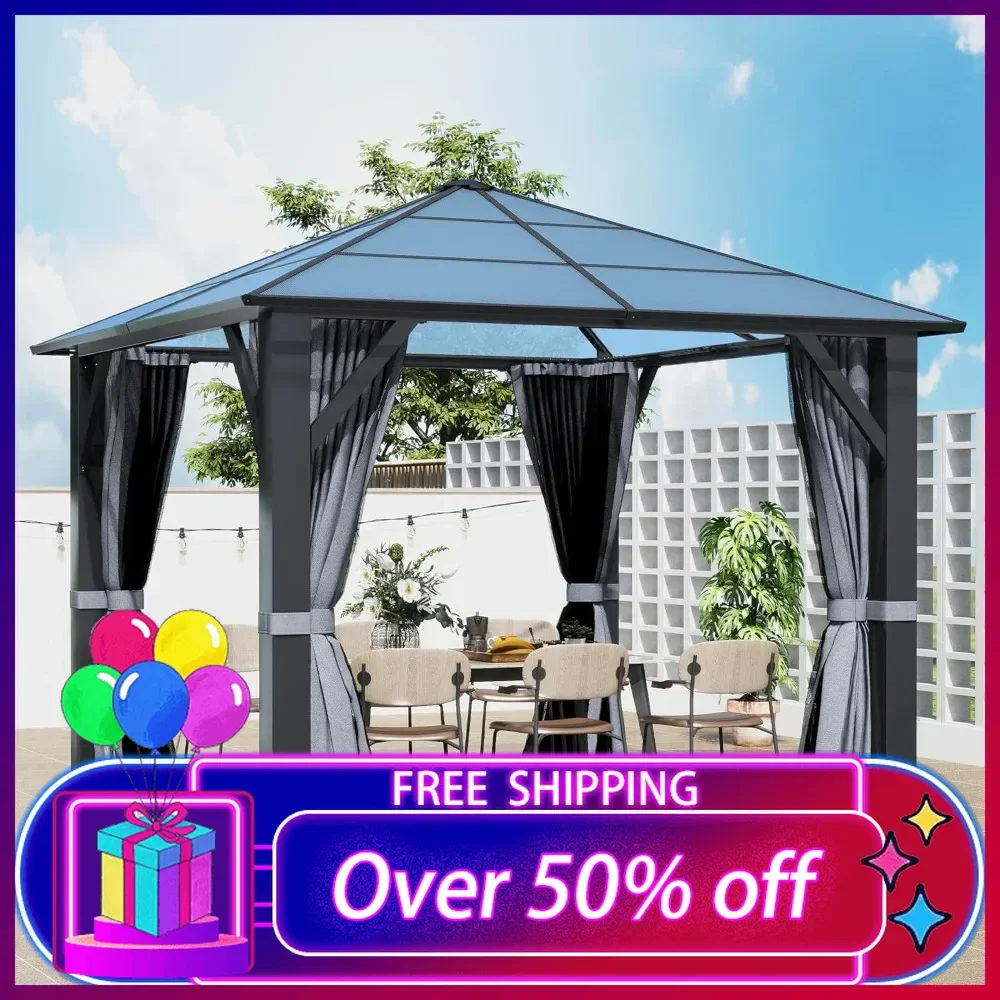 

10'x10' Hardtop Gazebo, Outdoor Gazebo with Roof,Polycarbonate Metal Frame Garden Tent with Breathable Mesh and Privacy Curtains