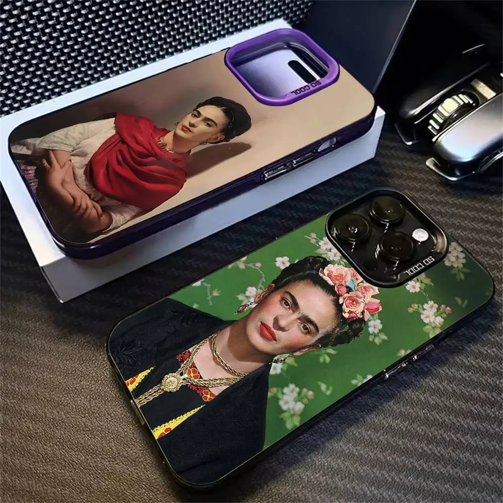 Capa de Celular da Artista Lendária Frida Kahlo para iPhone 17, 16, 15, 14, 12, 13, 11 Plus, Pro Max, XS com Efeito Gradiente Prateado