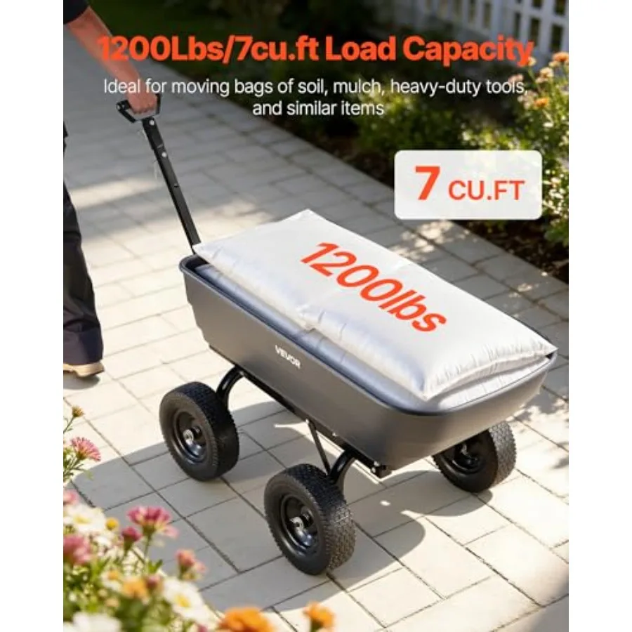 Garden Dump Cart for plants soil crops, polyethylene material, black, 1200 lbs capacity with 90 quick-dump and 180 swivel wheel