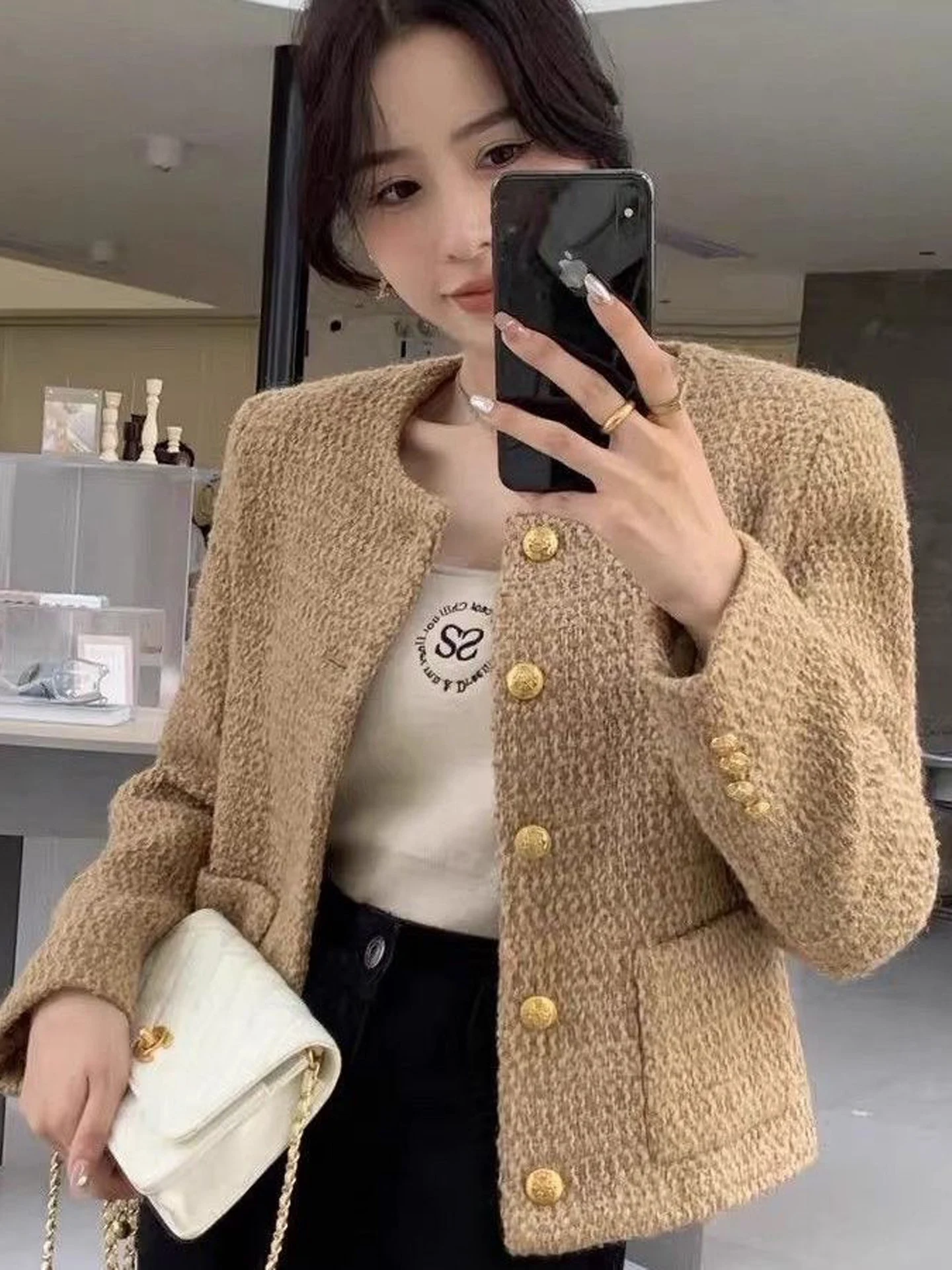 Fashionable Short Outerwear Women's French Style Versatile Sweet Heart Commute Top Autumn New Arrival Anti-Wrinkle Straight Cut