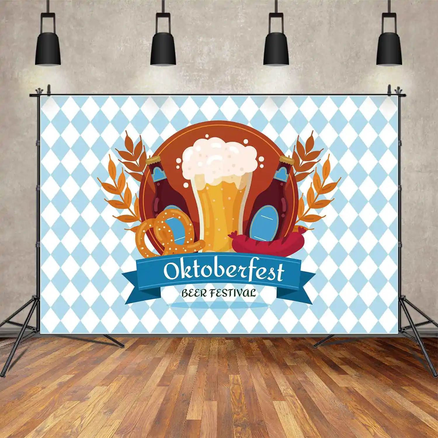 MOON.QG Backdrop Oktoberfest Beer Festival Banner Poster Background Blue White Check Wall Glass Wheat Bagel Party Photo Booth