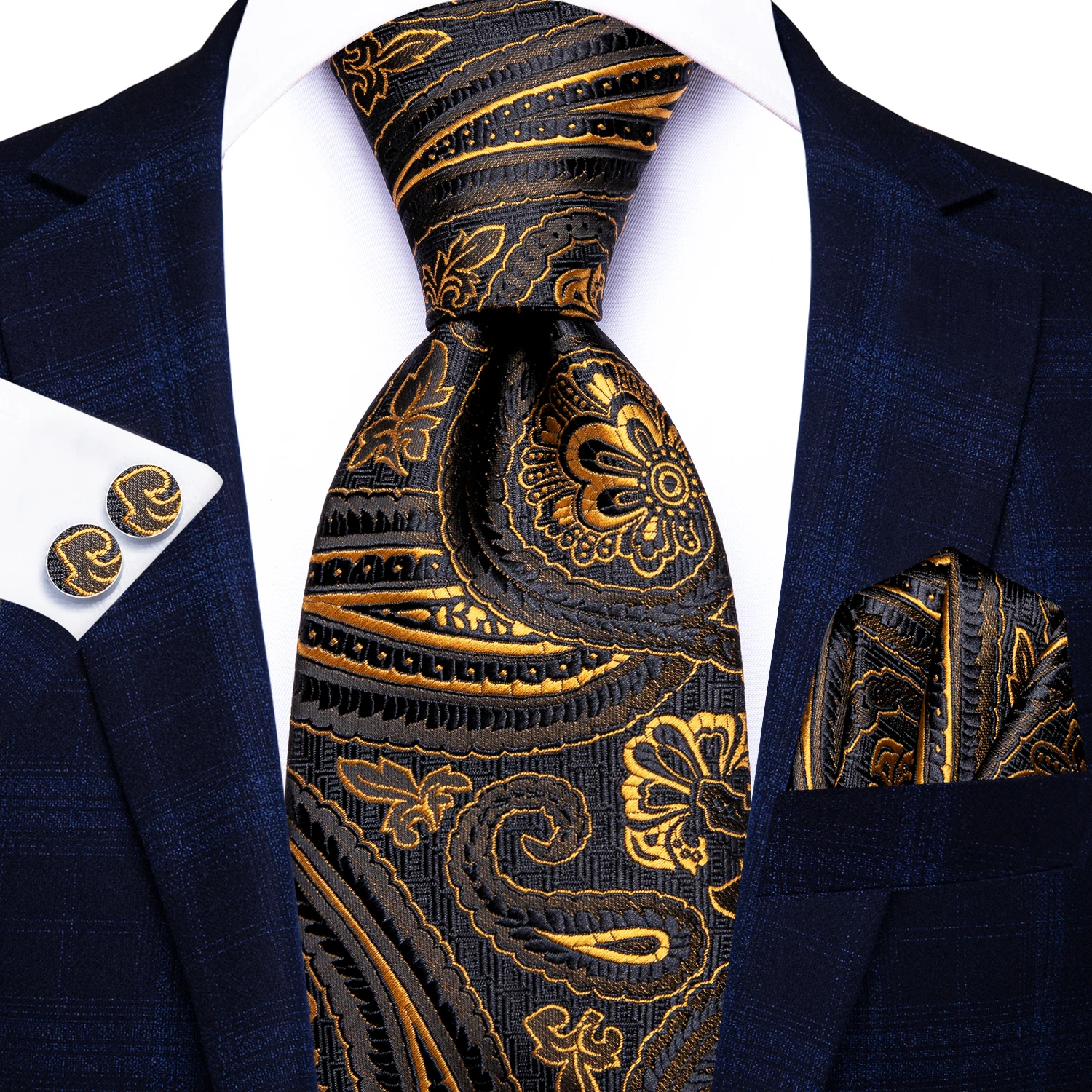 

Hi-Tie Paisley Black Gold Men Fashion Necktie Handkerchief Cufflink for Tuxedo Accessory Classic Silk Luxury Tie for Man Gift