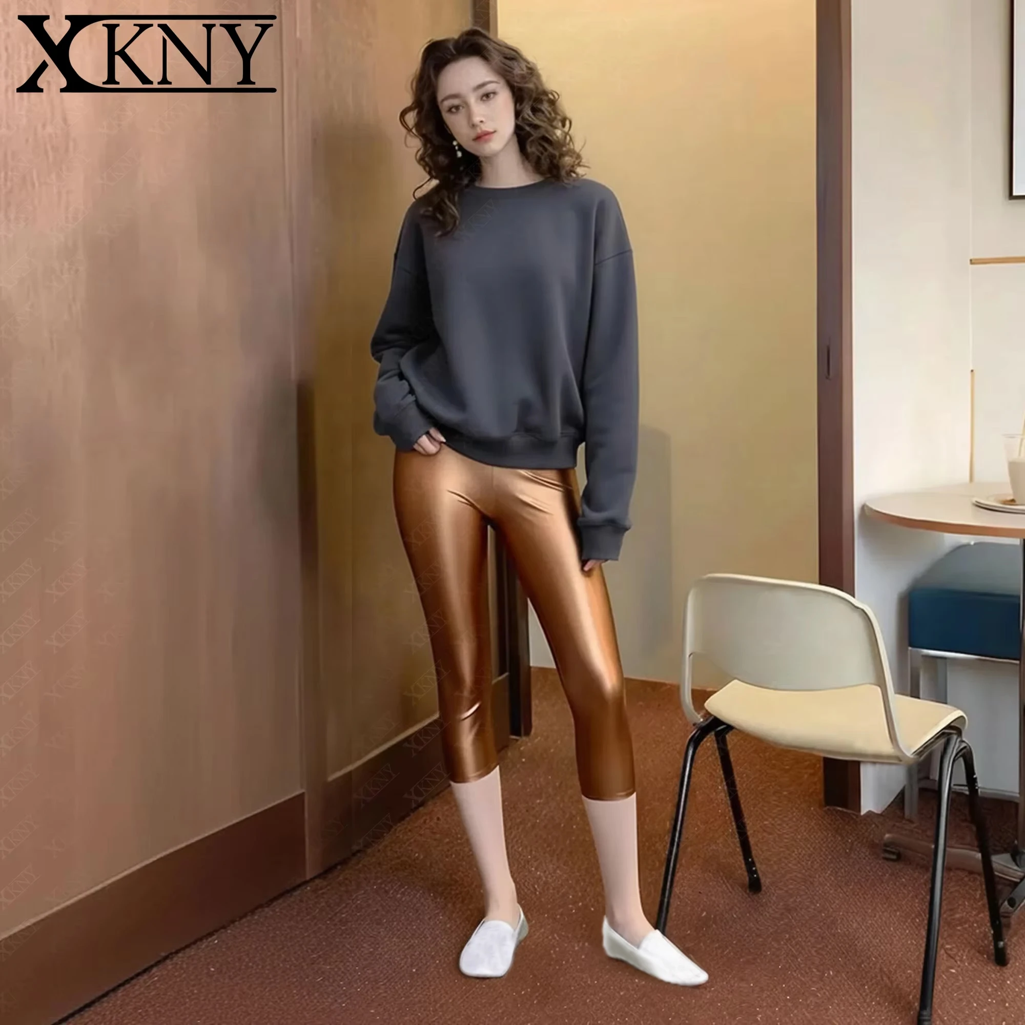 XClocKNYoung satin glossy pants sexy tights high elastic sports swim trunks 7-point length pants yoga pants open crotch pants