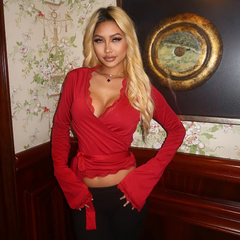 Women Sexy Wrap Crop Tops Tees Long Sleeve Deep V Neck Tie Workout Ballet Pilates Yoga T-Shirts with Thumb Holes Cropped Tops