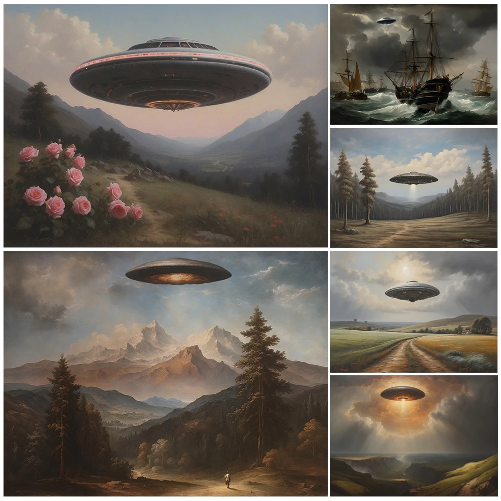 

Moody Vintage UFO Art Poster And Print Home Decoration Moonlight Landscape UFO Canvas Painting Surreal Fantasy Wall Art Unframed