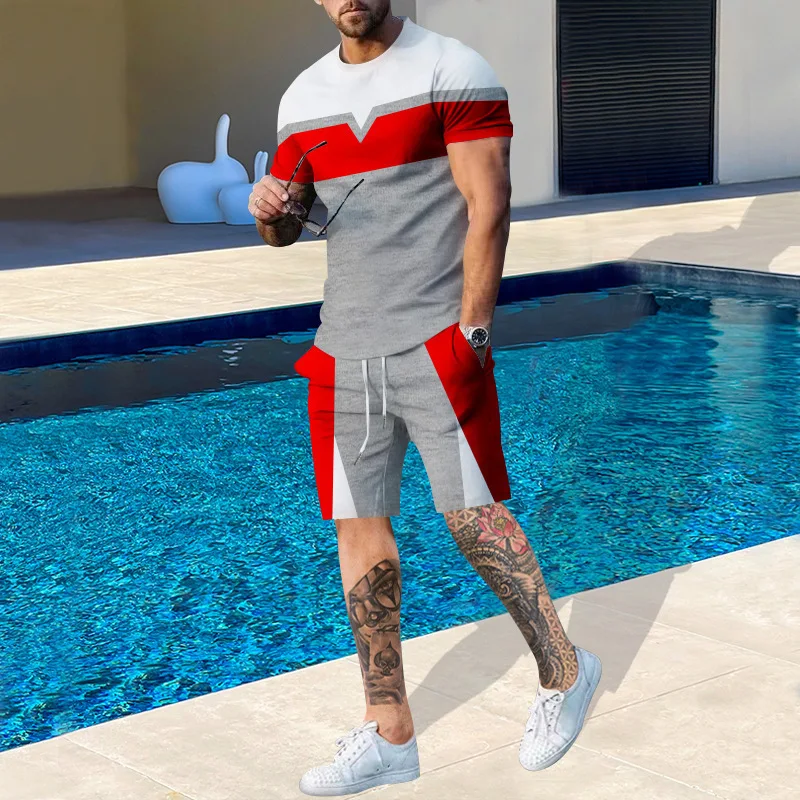 Nowy stylowy męski zestaw szortów plażowych z nadrukiem 3D T-shirt z krótkim rękawem + szorty 2-częściowy zestaw Letnie dresy oversize