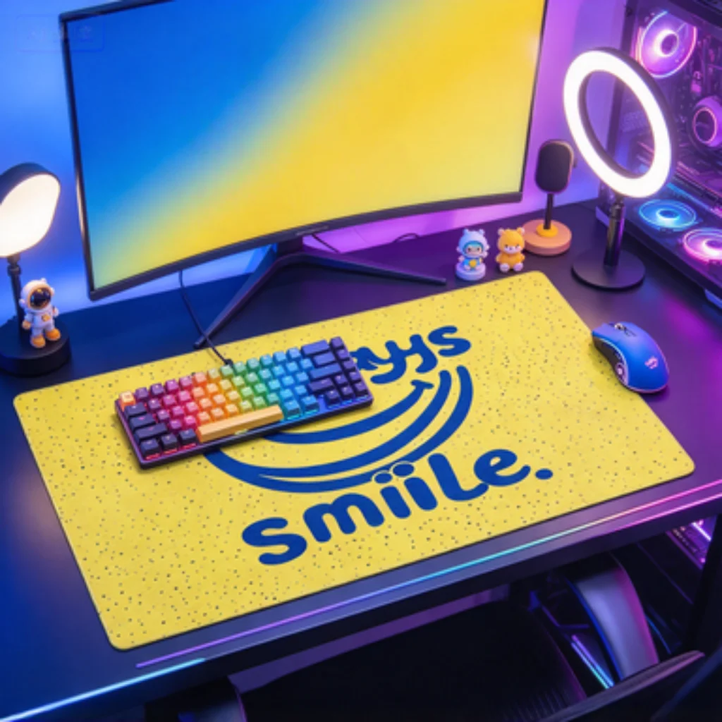 Yellow Smile Desk Mat, Black White Floral Mouse Pad, Pink Paw Bunny Accessory, Blue Cat Paw Gaming Desk Mat.
