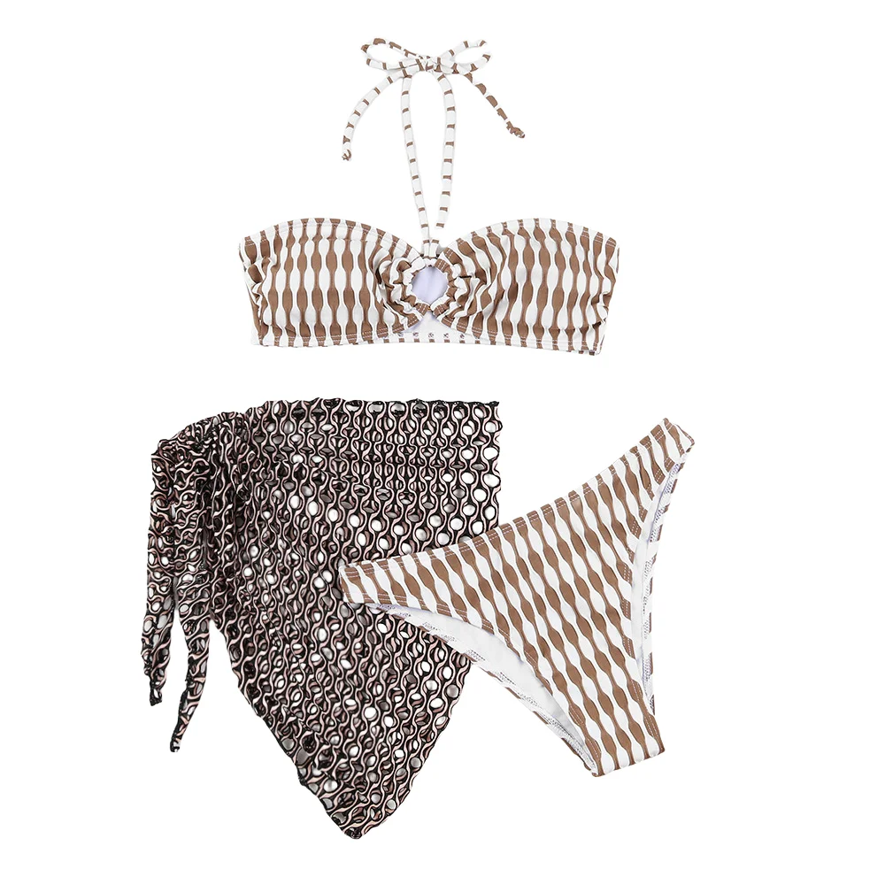 2024 Summer Sexy Bikinis Set Halter Neck Swimsuit 3 Piece Swimsuit Triangle Bikini Mesh Skirt Beach Swimwear Women Swimsuit