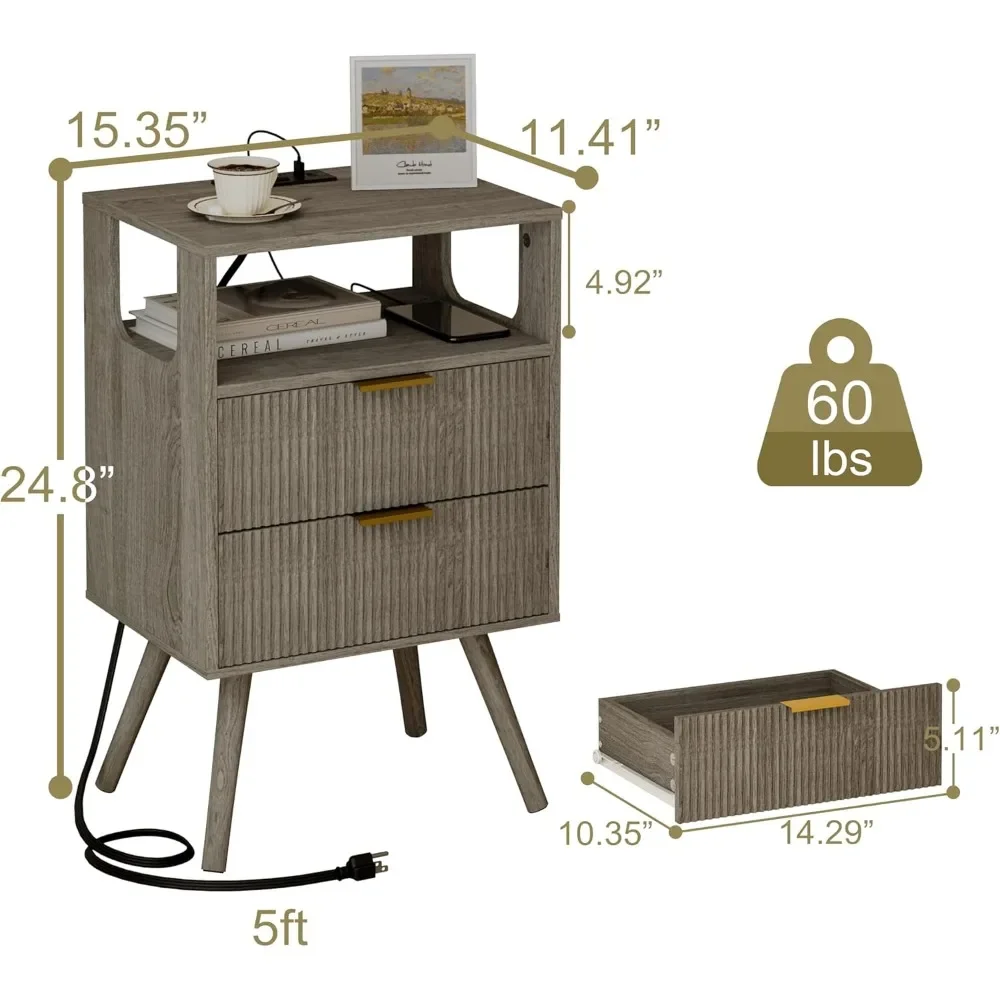 

Nightstand with Charging Station and LED Lights,Modern Bedside Table with 2 Storage Drawer and Open Wood Shelf, for Bedroom and