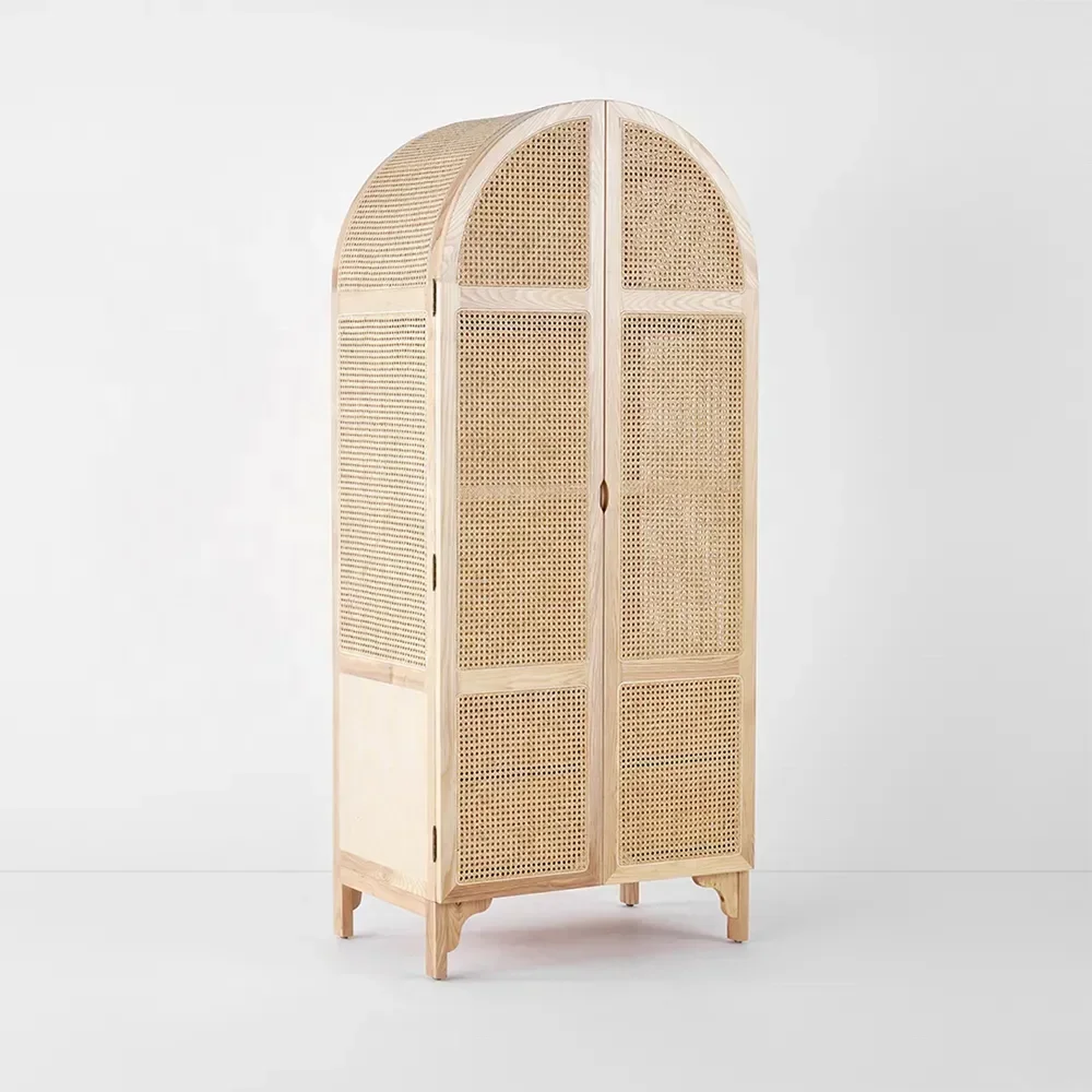 -Custom Woven Rattan Bedroom Hidden 2 Doors Wooden Wardrobe Closet