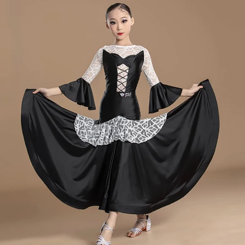 

Kids Girls Modern Dance Children's Waltz Dance Bodysuit and Big Swing Skirt Competition Practice Performance Dancewear