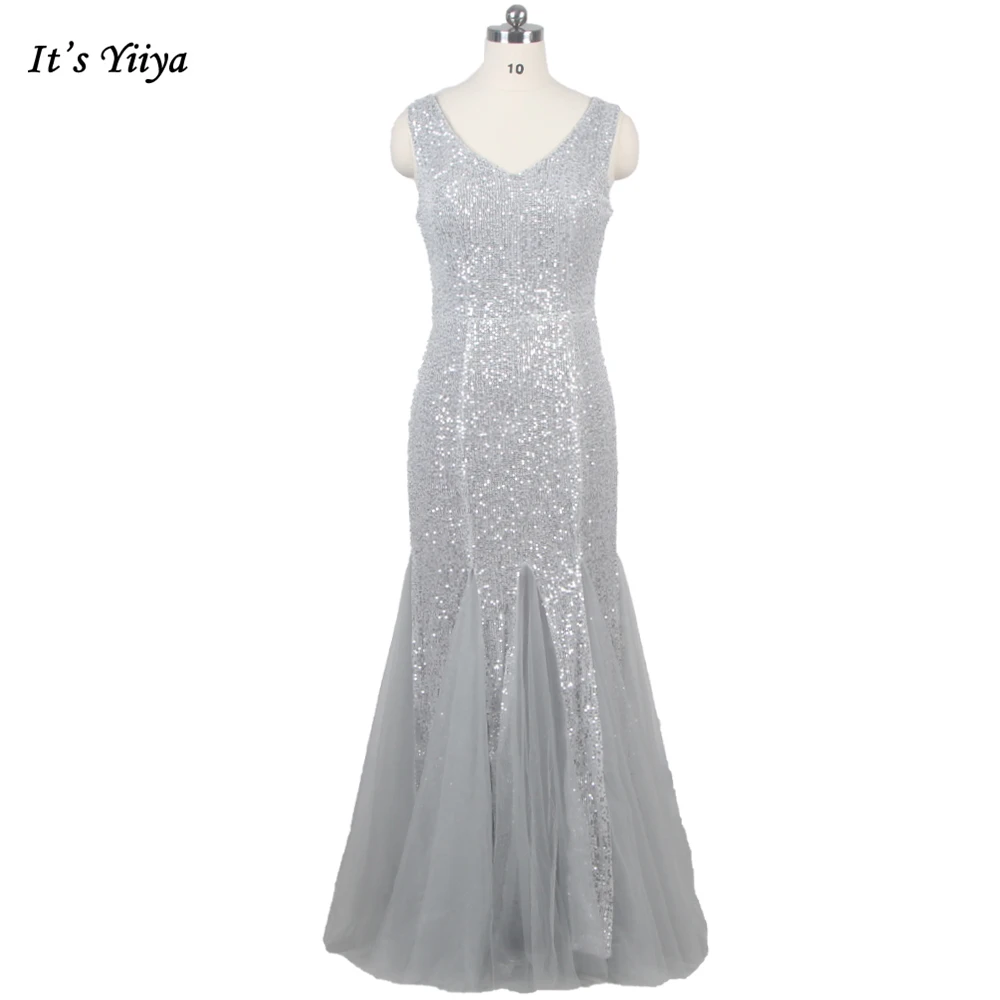 

It's Yiiya Evening Dress Mermaid V-neck Sleeveless Women Silver Sequins Robe De Soiree Floor Length Plus size Party Dresses C314