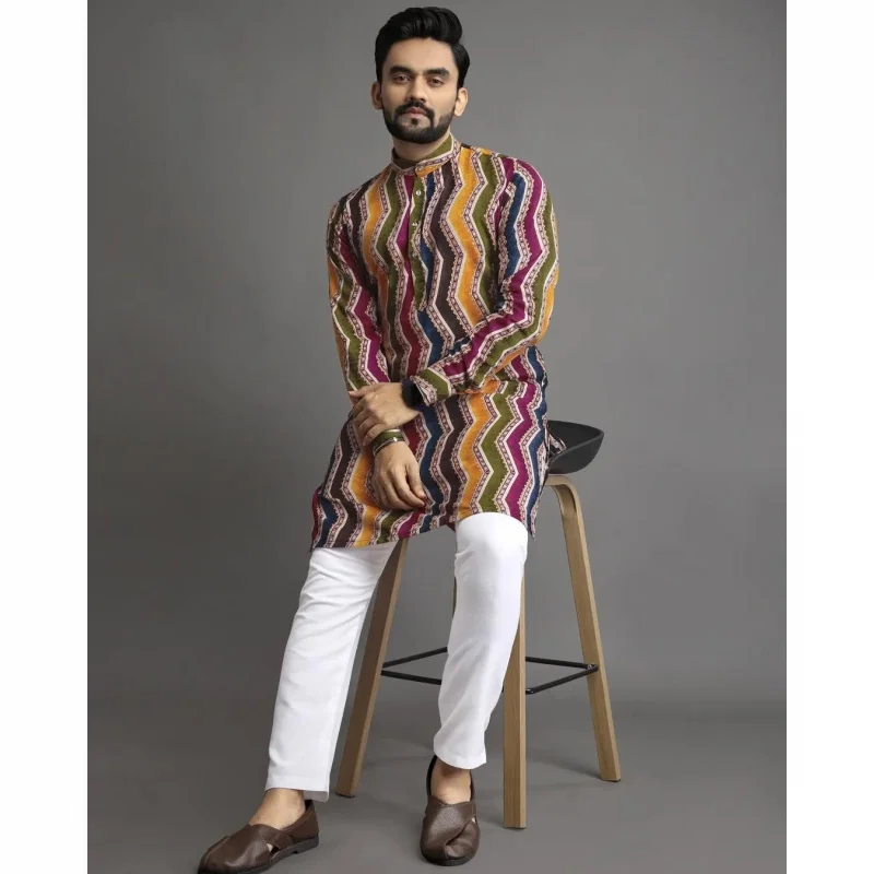 2025 Uomo Stampa digitale Kurta Vardha Regular Fit Colletto alla coreana Lungo Adatto a tutte le occasioni Such Wedding Hari Raya Aidilfitri